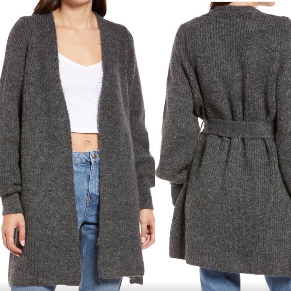 Top Shop Knit Puff Long Sleeve Wrap Tie Cardigan Dark Grey Size M